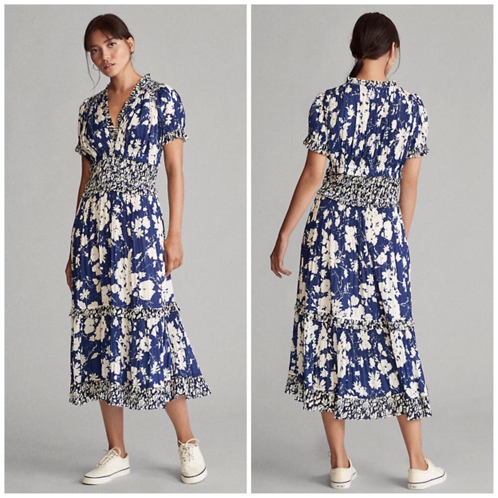 Polo Ralph Lauren Pleated Floral Print Midi Dress Royal Navy White